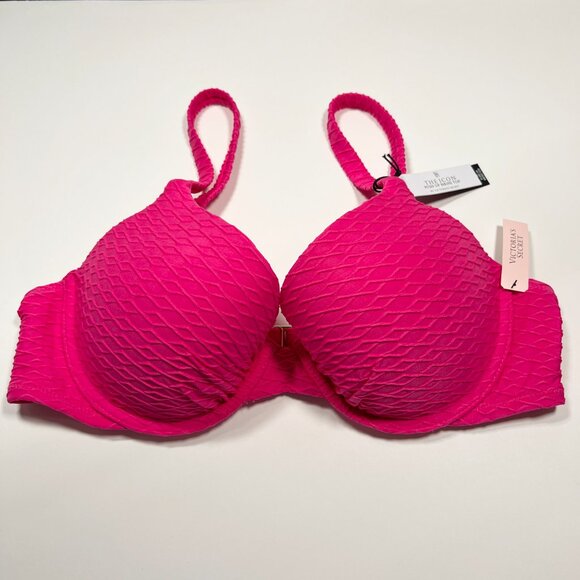 Victoria Secret 32D ICON Push Up Bikini Top Underwire Textured Pink - Picture 1 of 5